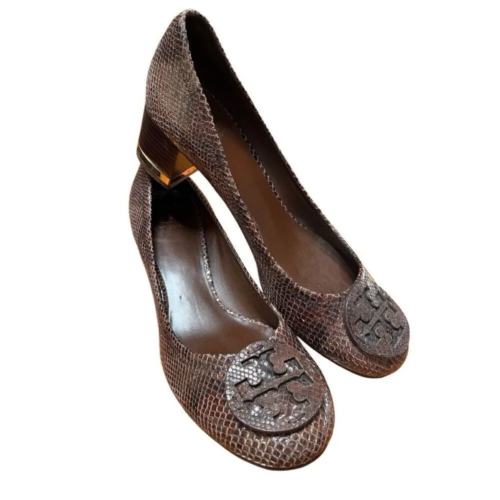 NWOB Tory Burch Amy Brown Snake Skin Leather Block Low Heels 10.5 US